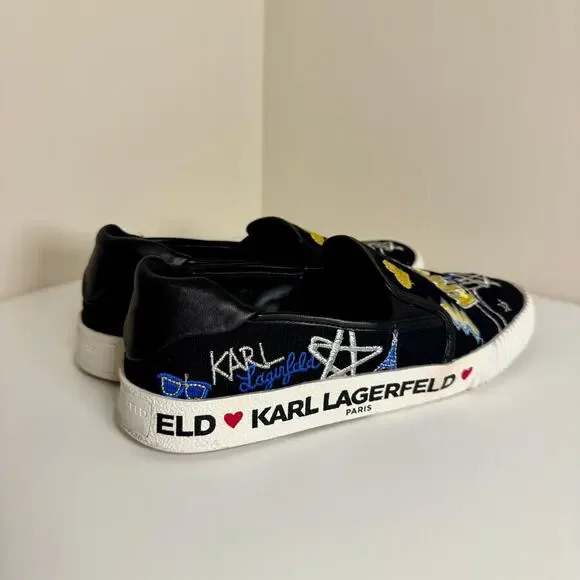 Karl Lagerfeld Paris Jazlyn Slip On Sneakers Size 8 Black Embroidered Graffiti - Picture 8 of 16